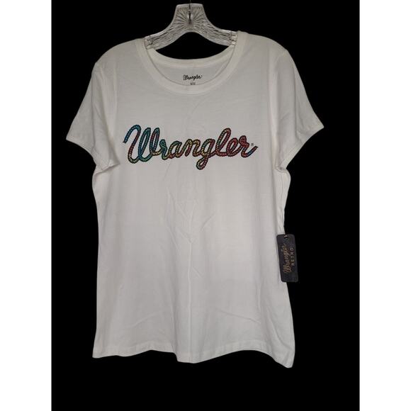 Wrangler Short Sleeve Rainbow Spellout White T Shirt Women's Medium Western New - Picture 1 of 7